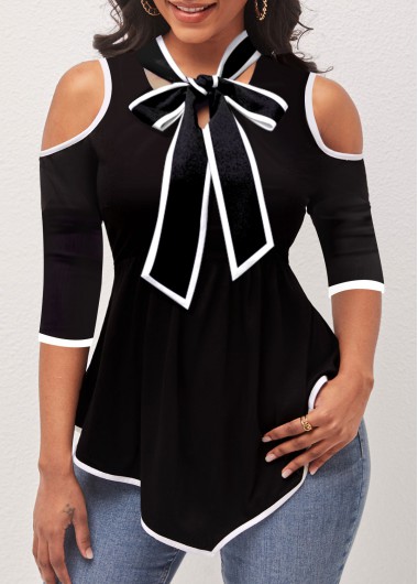 Lace Black 3/4 Sleeve Tie Collar T Shirt