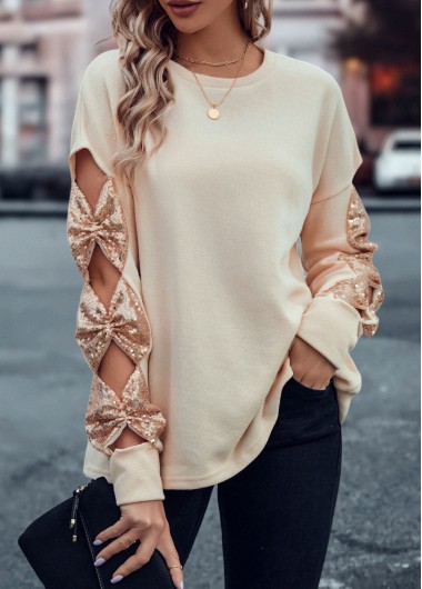 Sequin Round Neck Skin Color T Shirt