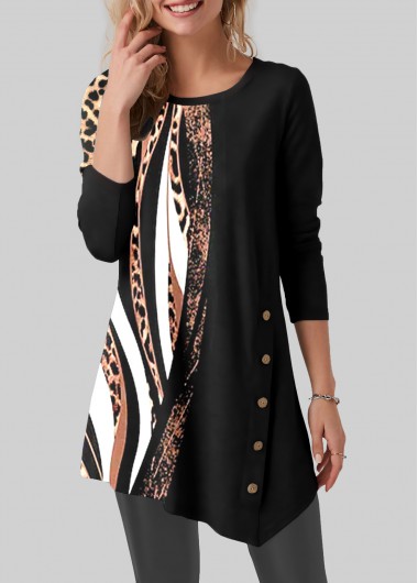 Leopard Round Neck Black Long Sleeve T Shirt