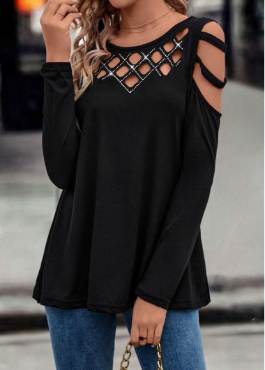 Ladder Cutout Round Neck Black T Shirt