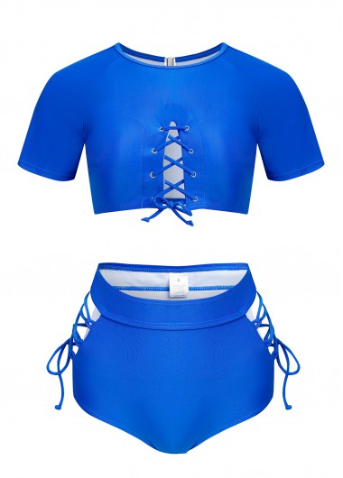 ROTITA Cut Out Lace Up Royal Blue Bikini Top