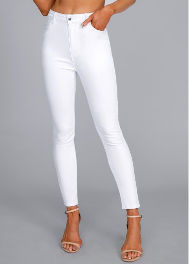 High Waisted Button Fly White Leggings