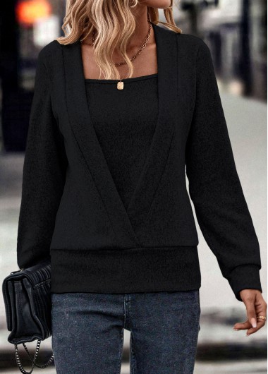 Fake 2in1 Square Neck Long Sleeve Black Sweatshirt