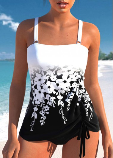 Floral Print Drawstring Black Tankini Top