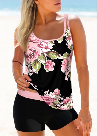 Floral Print Double Straps Black Tankini Top