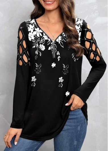 Floral Print Zipper Black V Neck T Shirt
