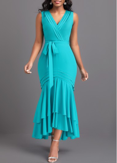 ROTITA Mermaid Cyan Belted V Neck Sleeveless Bodycon Dress