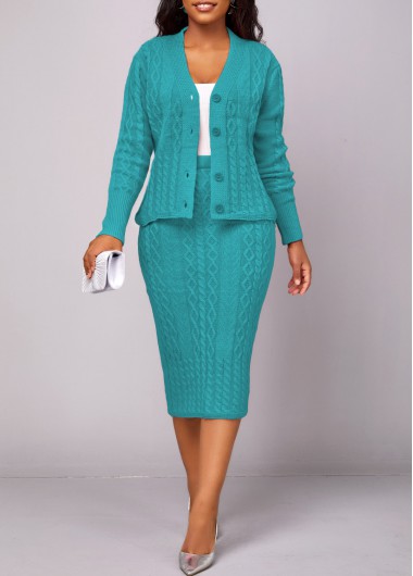 Peacock Blue Button Long Sleeve Top and Skirt