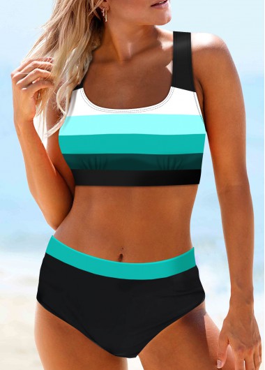 Striped Patchwork Wide Strap Cyan Bikini Top