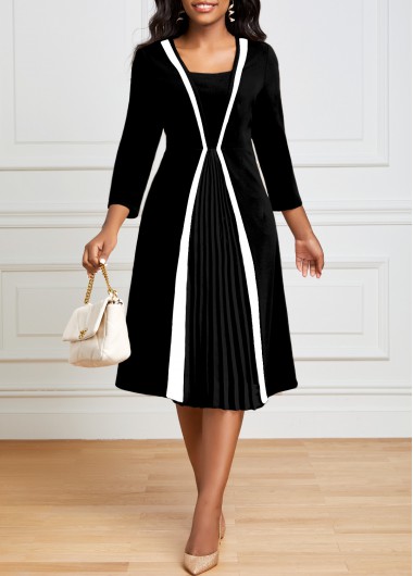 Pleated Hem Black Square Neck Dress