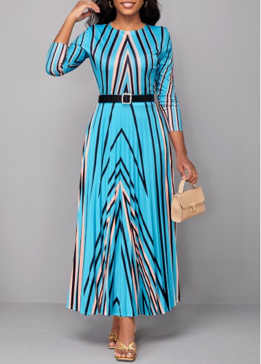 Geometric Print Pleated Light Blue Maxi Dress