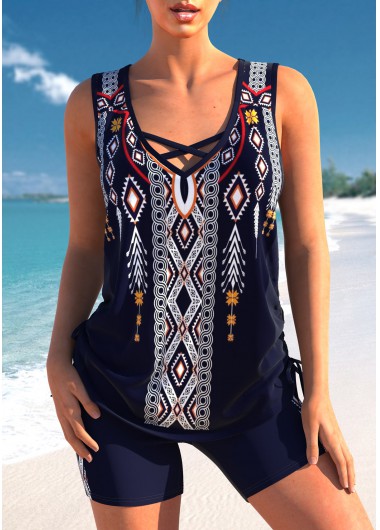 Tribal Print Criss Cross Navy Tankini Top