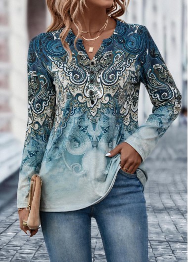 Button Tribal Print Dusty Blue T Shirt