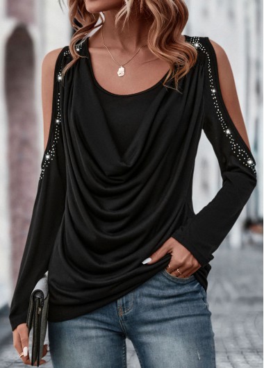 Hot Drilling Round Neck Black T Shirt