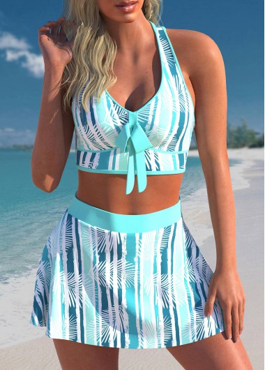 ROTITA Bowknot Cyan Leaf Print Bikini Top