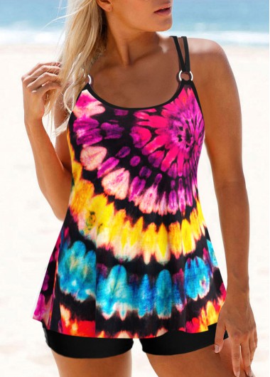Tie Dye Print Metal Ring Tankini Top