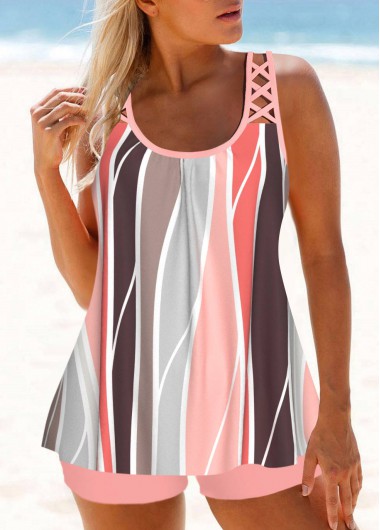 Geometric Print Criss Cross Pink Tankini Top