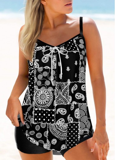 ROTITA Black Bowknot Tribal Print Tankini Top