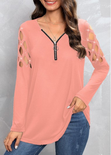 Hot Drilling V Neck Pink T Shirt