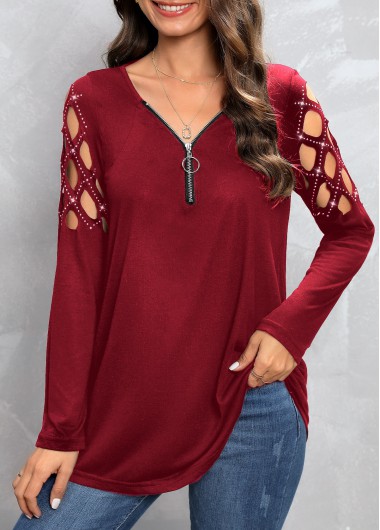 Hot Drilling V Neck Wine Red T Shirt