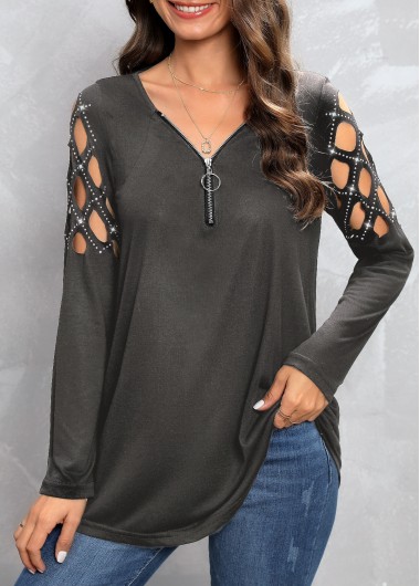Hot Drilling V Neck Dark Grey T Shirt