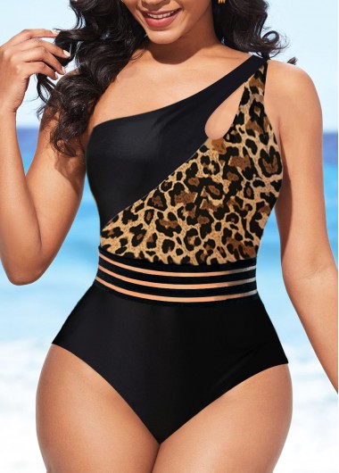 Leopard Cut Out Black One Piece Swimwear