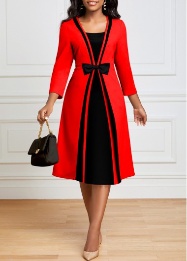 Fake 2in1 3/4 Sleeve Red Dress