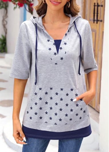 Star Print Pocket Light Grey Marl Hoodie