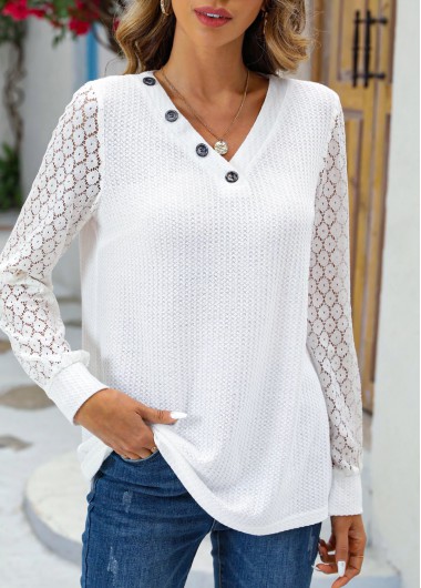 ROTITA Lace White V Neck Long Sleeve Blouse