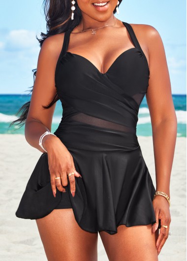 Mesh Criss Cross Black Swimdress Top