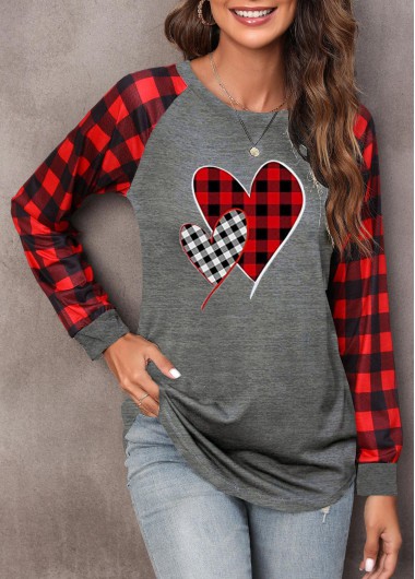 Plaid Round Neck Grey Long Sleeve T Shirt