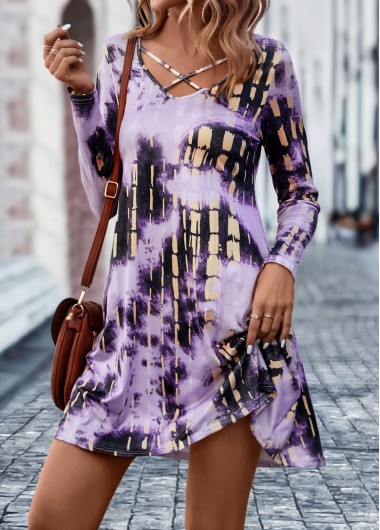 Tie Dye Print Criss Cross Purple Dress