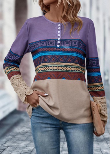 Button Tribal Print Multi Color T Shirt