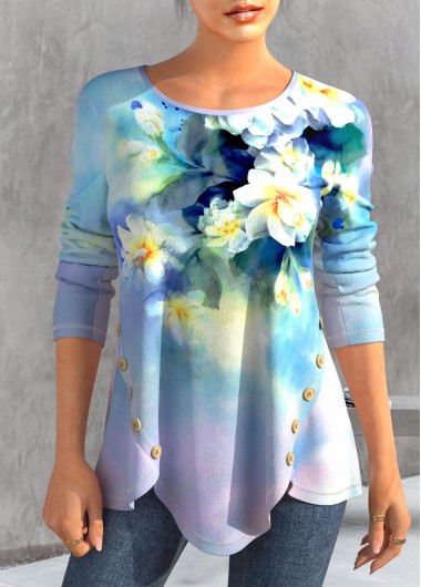 Floral Print Button Light Blue T Shirt