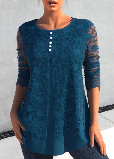 Layered Blue Lace Stitching Long Sleeve Blouse