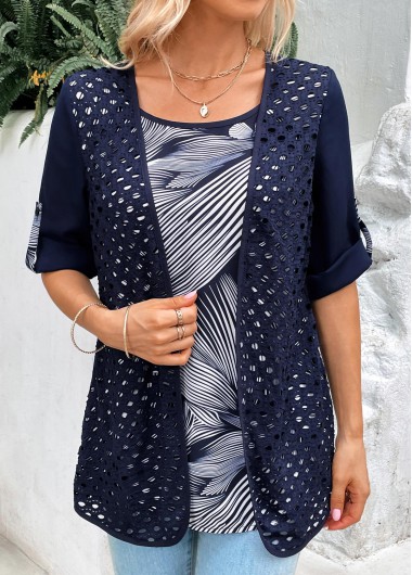 ROTITA Fake 2in1 Leaf Print Navy Round Neck Blouse