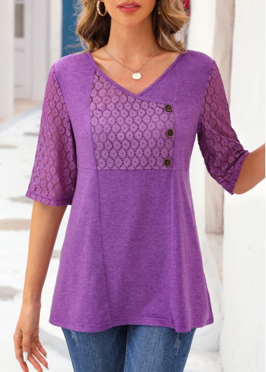 Purple V Neck Half Sleeve Lace T Shirt