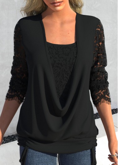 Lace Square Neck Long Sleeve Black T Shirt