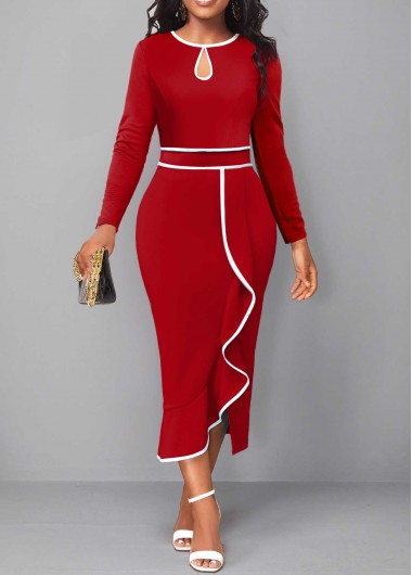 ROTITA Contrast Binding Red Round Neck Bodycon Dress