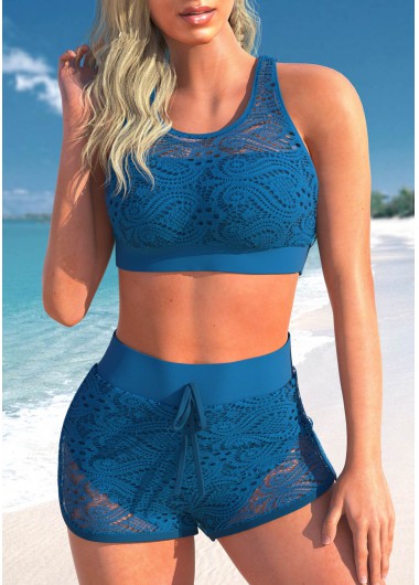ROTITA Cut Out Lace Stitching Navy Bikini Top