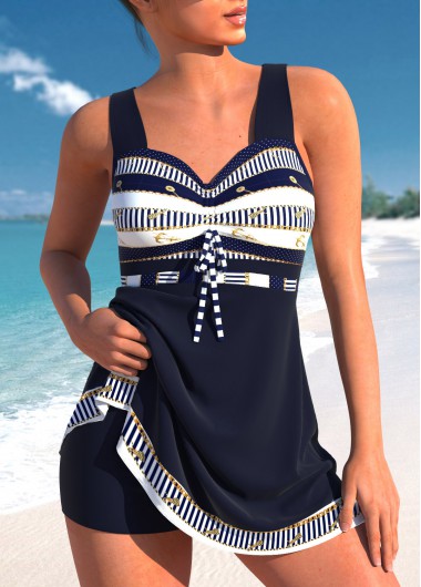 Cross Strap Striped Bowknot Navy Swimdress Top