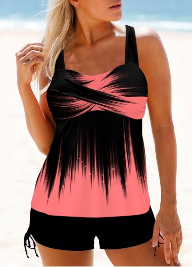 Ombre Wide Strap Surplice Pink Tankini Top