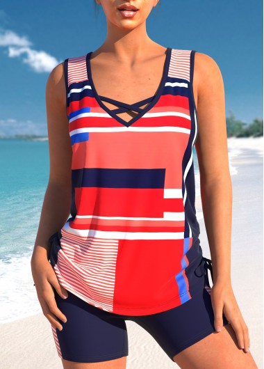 Geometric Print Criss Cross Red Tankini Top
