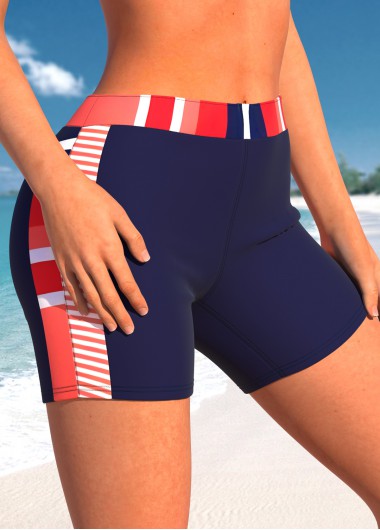 High Waisted Navy Geometric Print Swim Shorts