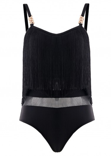 ROTITA Mesh Tassel Black One Piece Swimwear