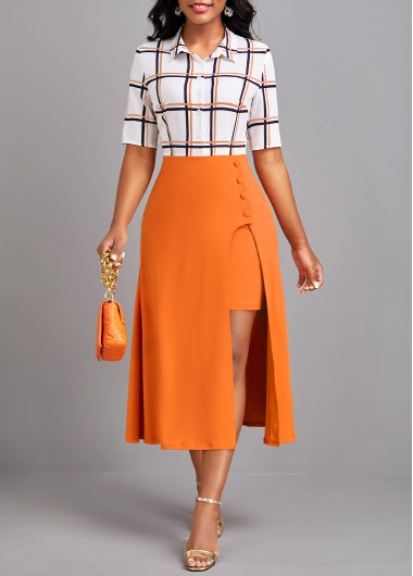 Plaid Asymmetry Orange Shirt Collar Dress