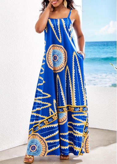 Leaf Print Pocket Royal Blue Maxi Dress