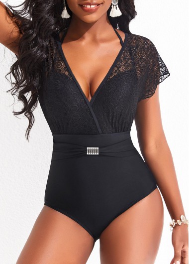 Lace Tie Back Black One Piece Swimwear