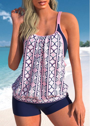 Tribal Print Fake 2in1 Light Pink Tankini Top