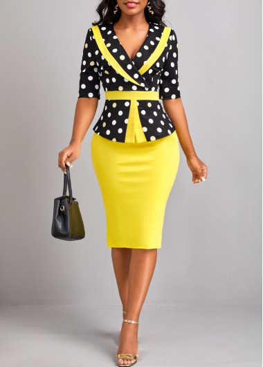 ROTITA Patchwork Polka Dot Yellow V Neck Bodycon Dress